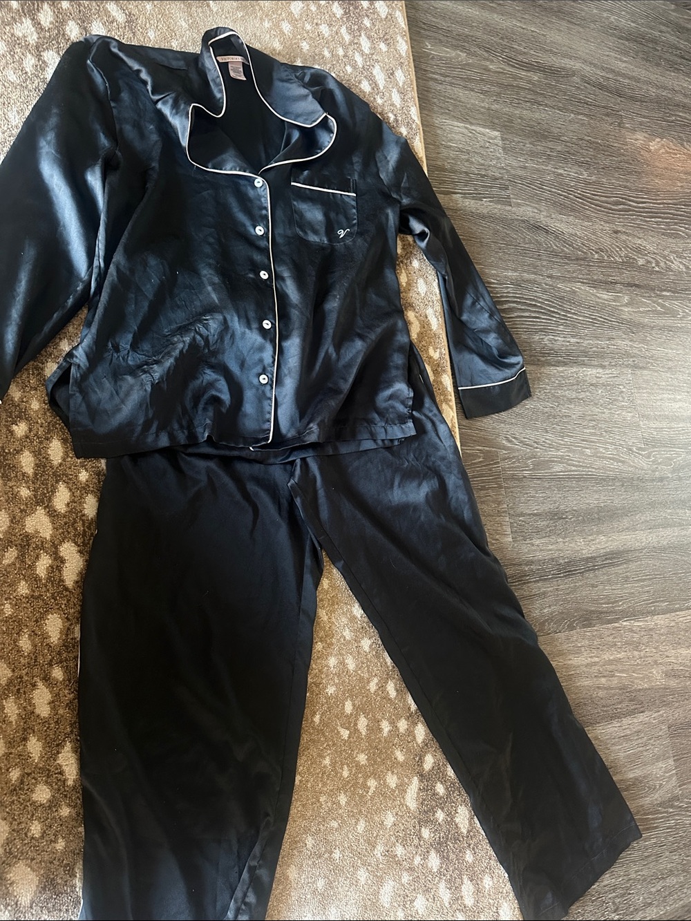 Victoria's Secret Black Satin Pajama Set with White Piping